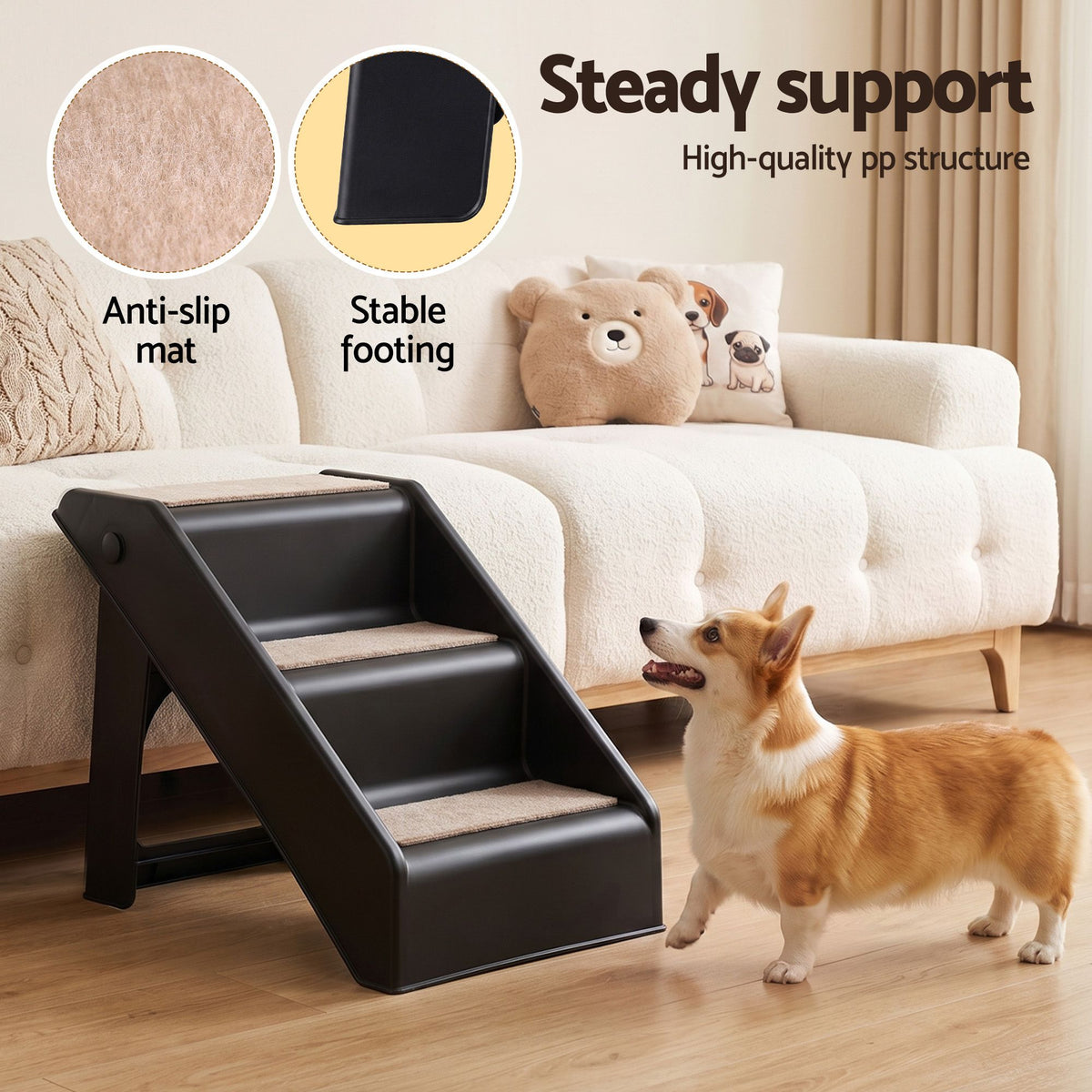 Foldable Pet Ramp Steps – 3 Step Portable Ladder for Bed, Sofa & Car (Black)