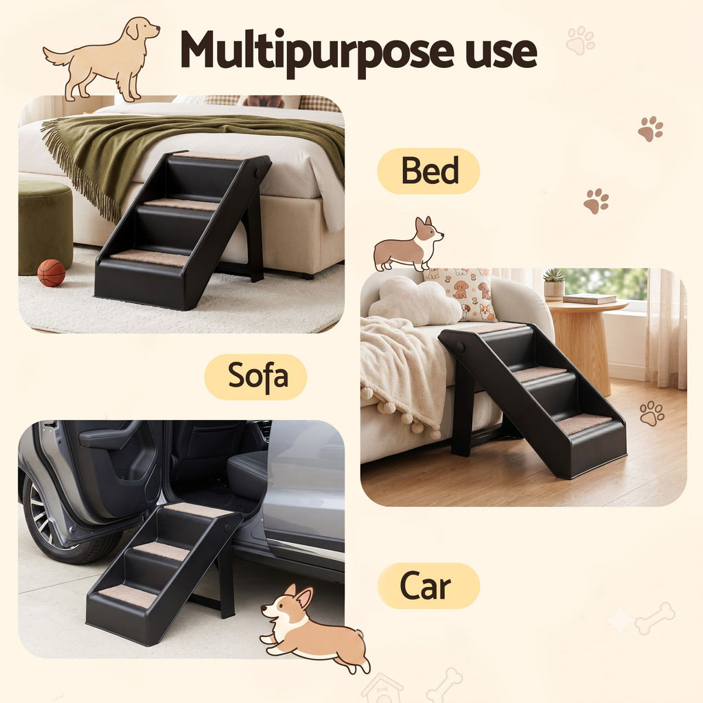 Foldable Pet Ramp Steps – 3 Step Portable Ladder for Bed, Sofa & Car (Black)