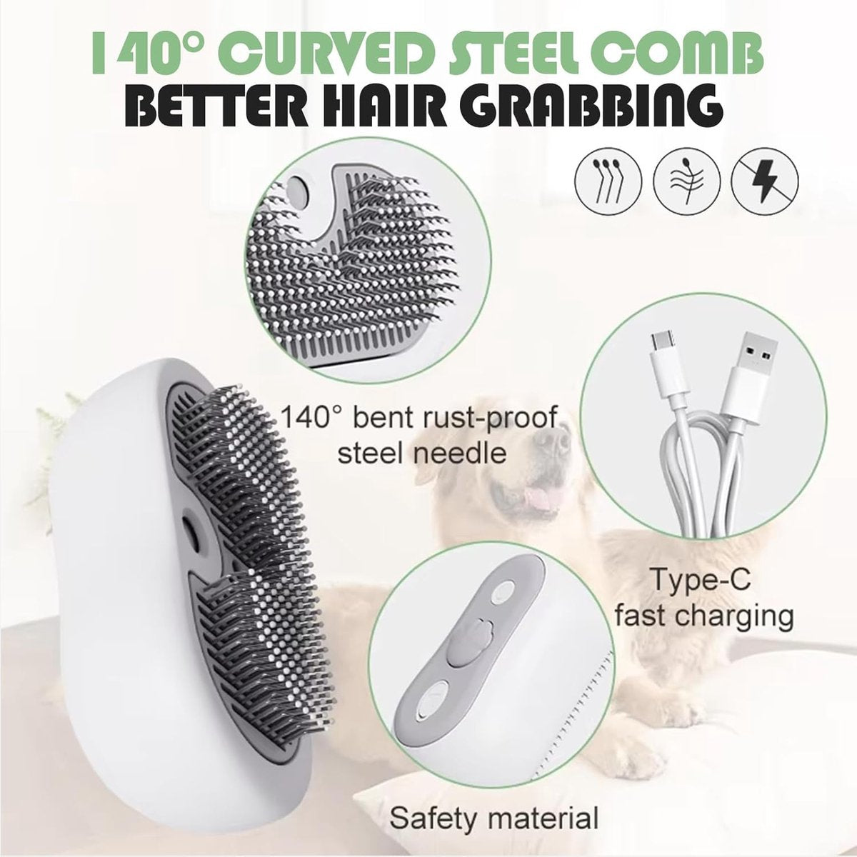 3-in-1 Steam Brush for Cats and Dogs - USB - Massage Comb - Hair Remover Brush - Dog Brush - Cat Brush with Water Reservoir and Release Button - Pet Grooming - Long/Short Hair - Self-Cleaning Soft Steam Brush for Cat and Dog
