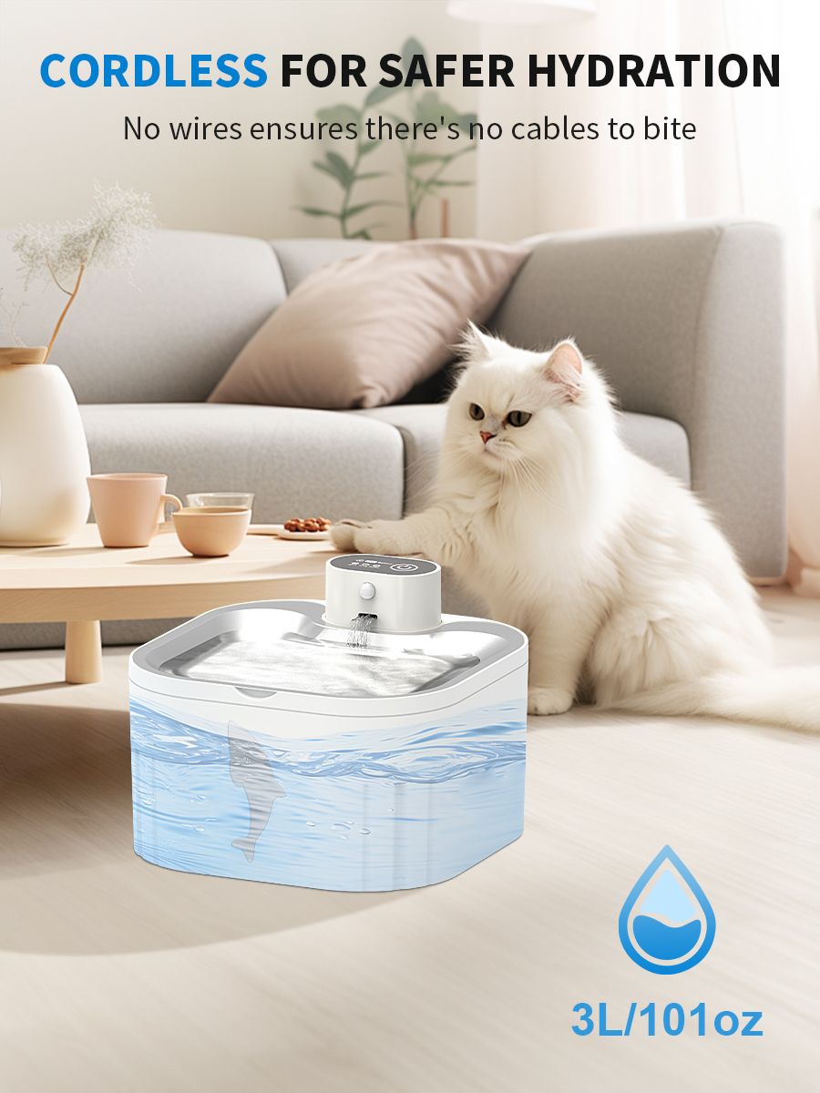 Cat Water Fountain – 3L Wireless Rechargeable, Smart Motion Sensor, Stainless Steel Lid, Ultra Quiet