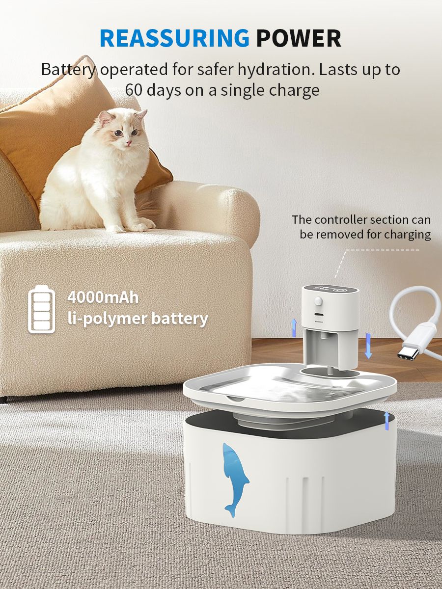 Cat Water Fountain – 3L Wireless Rechargeable, Smart Motion Sensor, Stainless Steel Lid, Ultra Quiet