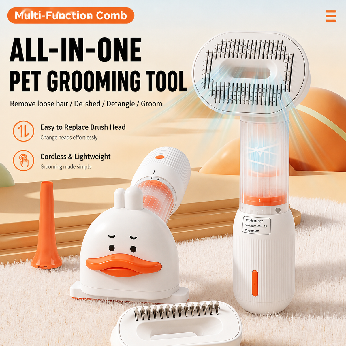 Rechargeable Pet Grooming Vacuum Brush – 4-in-1 Self-Cleaning Slicker